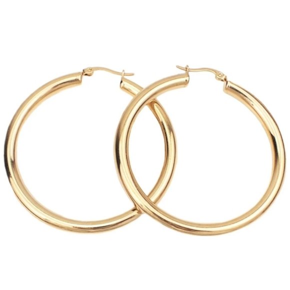 NEW 18K Yellow Gold Round 2'' Tube Hoop Earrings - Picture 9 of 9